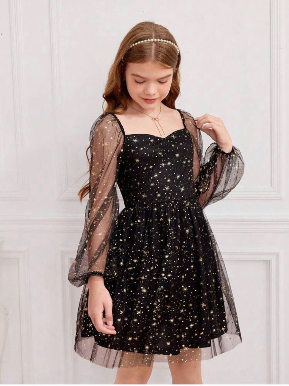 Source Unknown Black and Gold Star Mesh Fit & Flare Girls Formal Dress